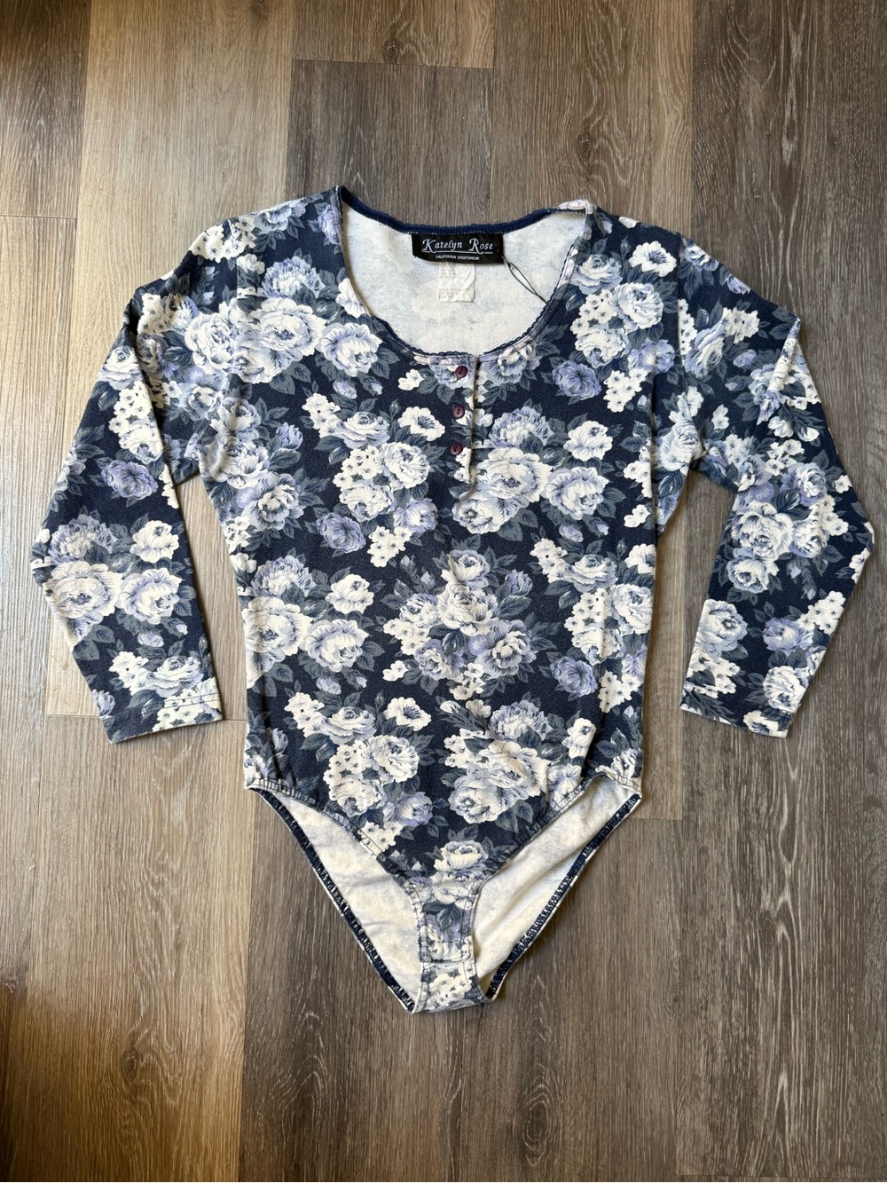 Vintage 90s Navy Floral Long-Sleeve Bodysuit Made in USA Medium